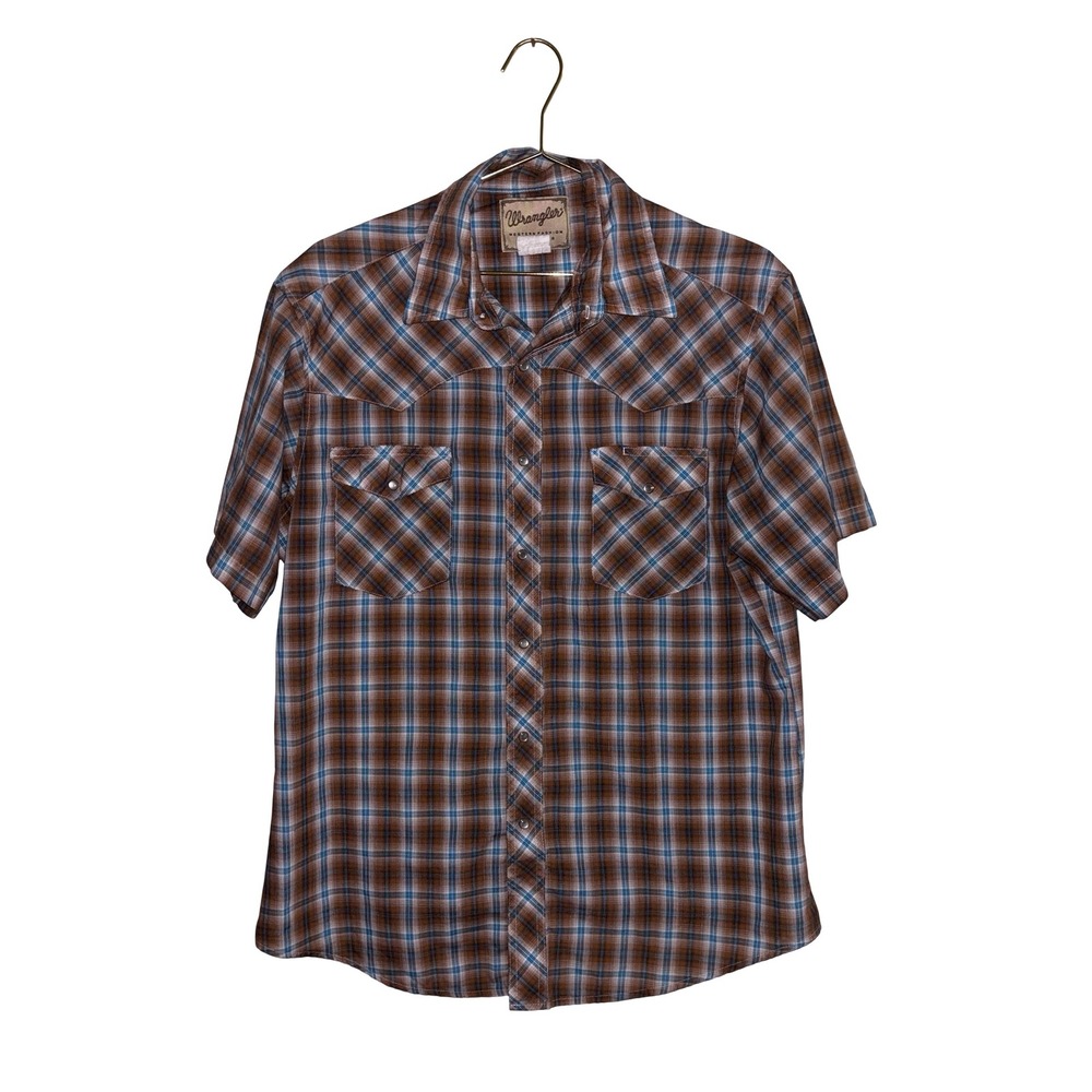 Men's Vintage Wrangler Western Pearl‎ Snap Shirt Brown Blue Plaid Large